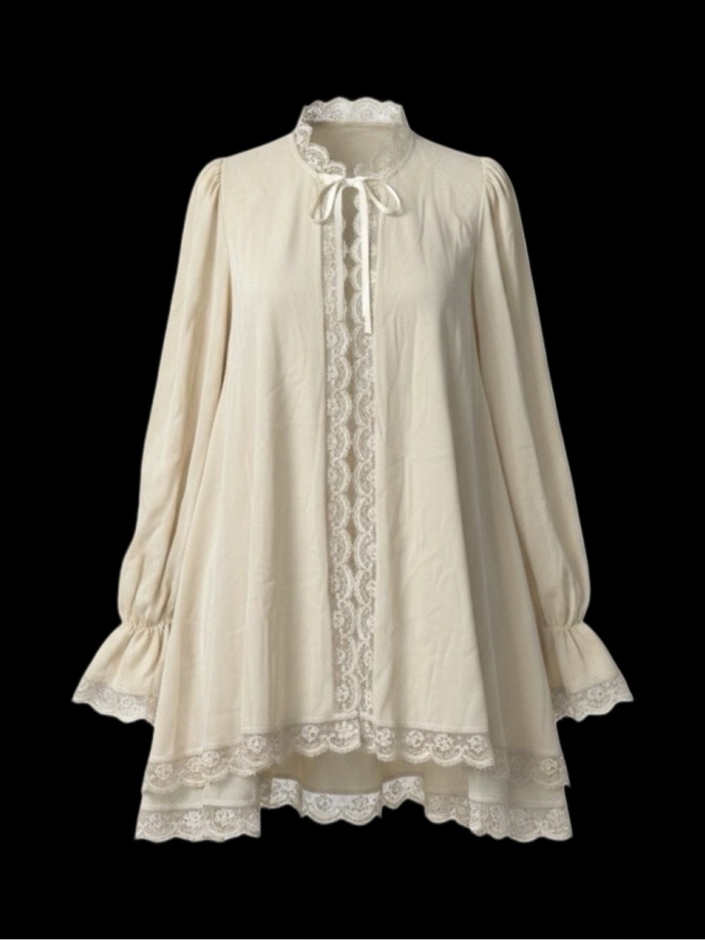 Vintage Lace Peignoir Robe Embellished Beaded Sequins Bow Detail Ivory Large